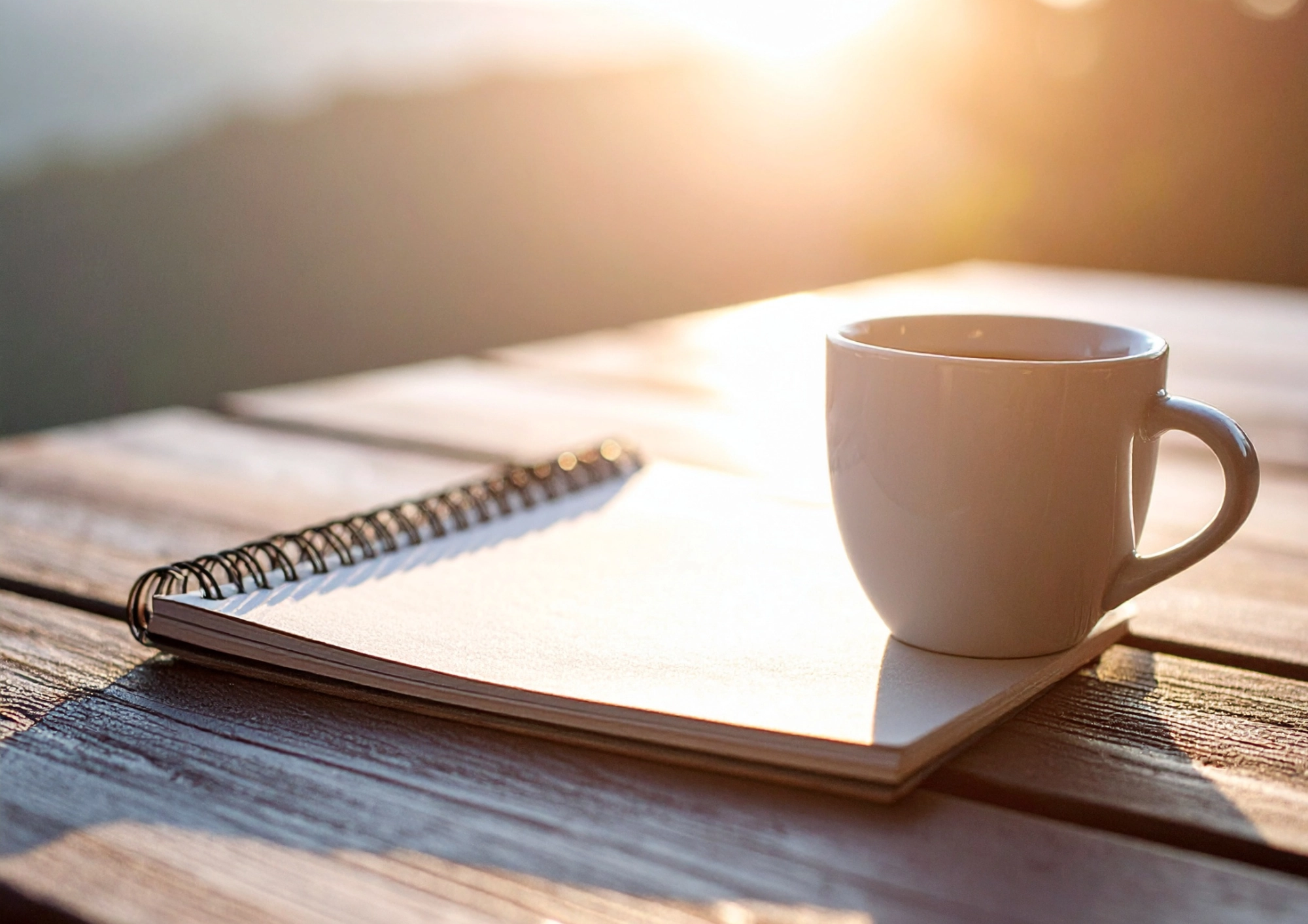 Carnet de notes et café sur une table avec vue lointaine sur un paysage, illustrant un travail de réflexion et de recul professionnel.